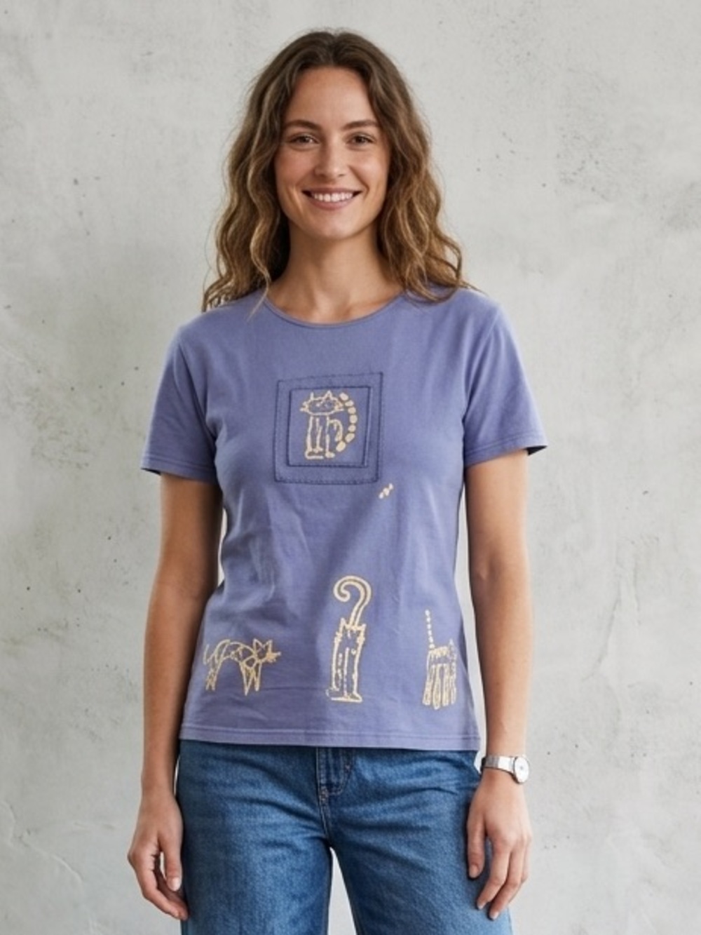 Vintage 90s Graphic Cat Kitten Short Sleeve Shirt Periwinkle Whimsical Teacher